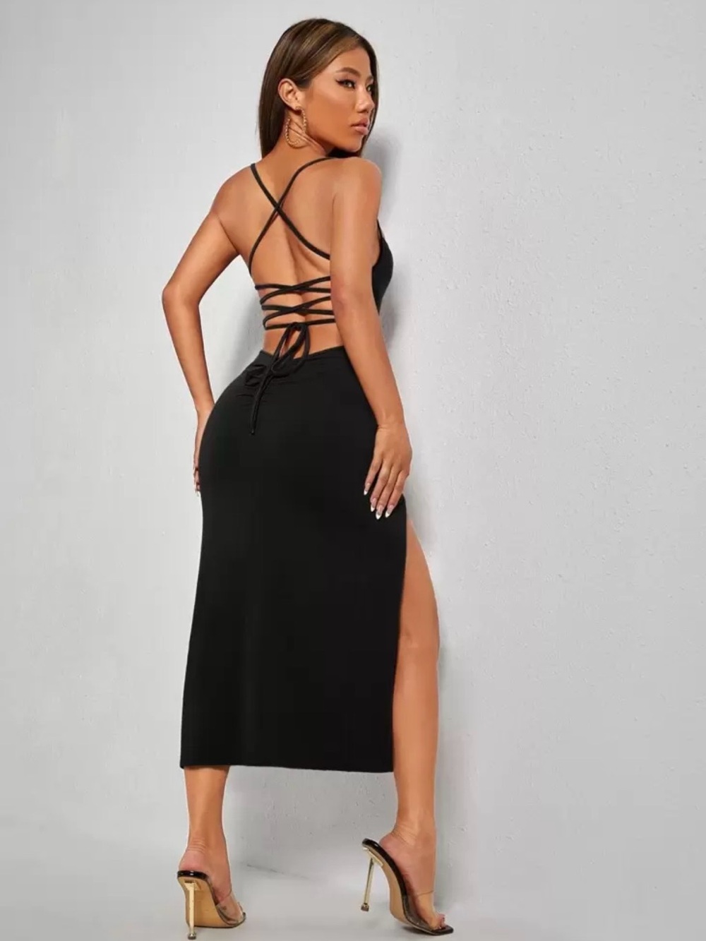 SHEIN Petite Medium Black Long Fancy Dressy Dress Lace Up Backless Split Thigh